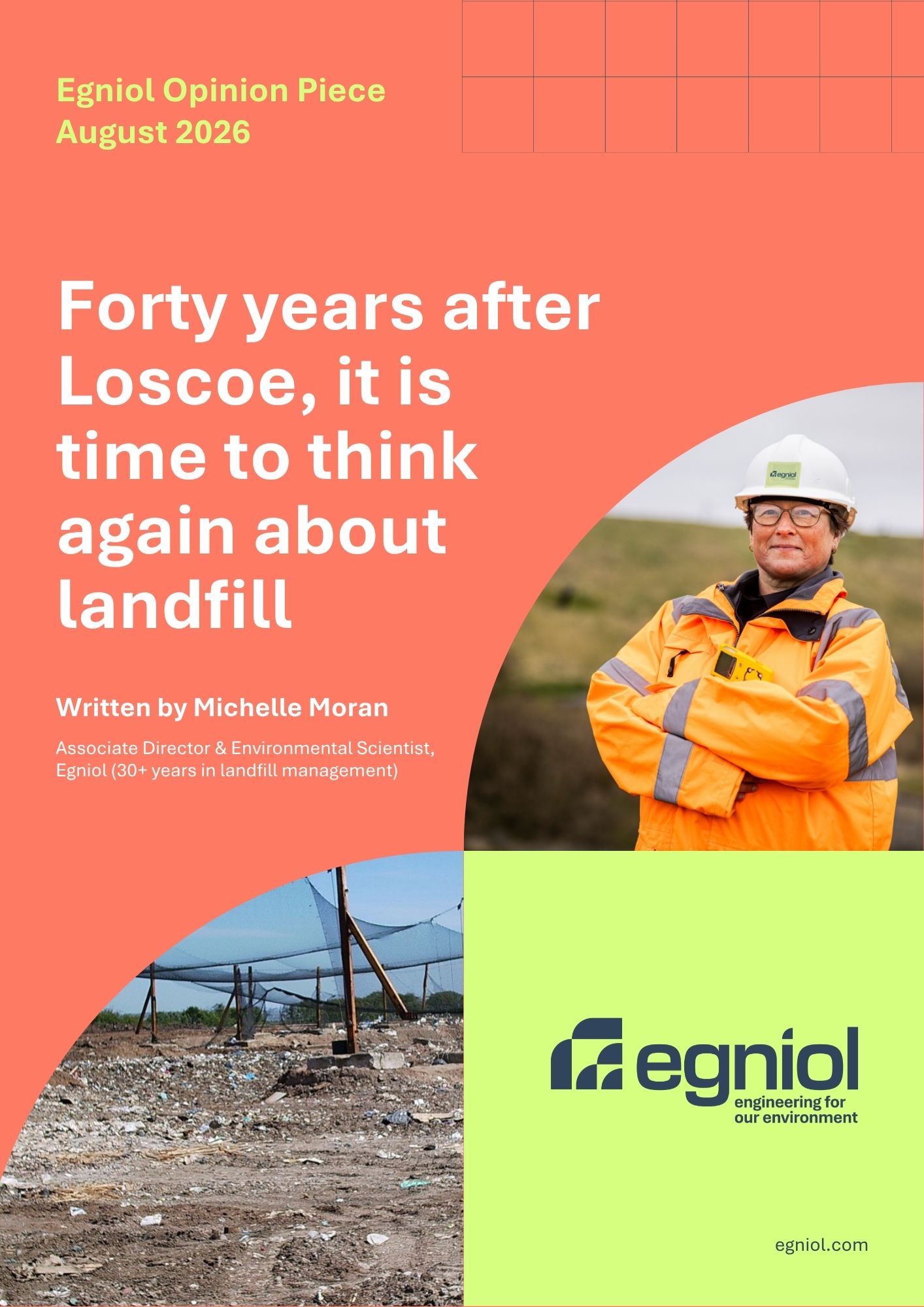 Cover page of the pdf version of the article featuring an image of Michelle Moran, a landfill aerial view and Egniol branding